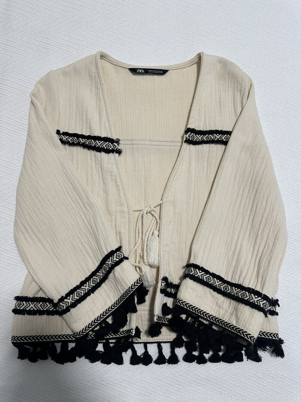 ZARA Kimono Jacket Open Front Geometric Embroidered Tassels Beige Black XS